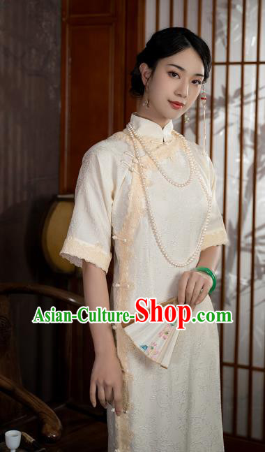 China National Stand Collar Qipao Dress Clothing Traditional Young Lady Beige Long Cheongsam