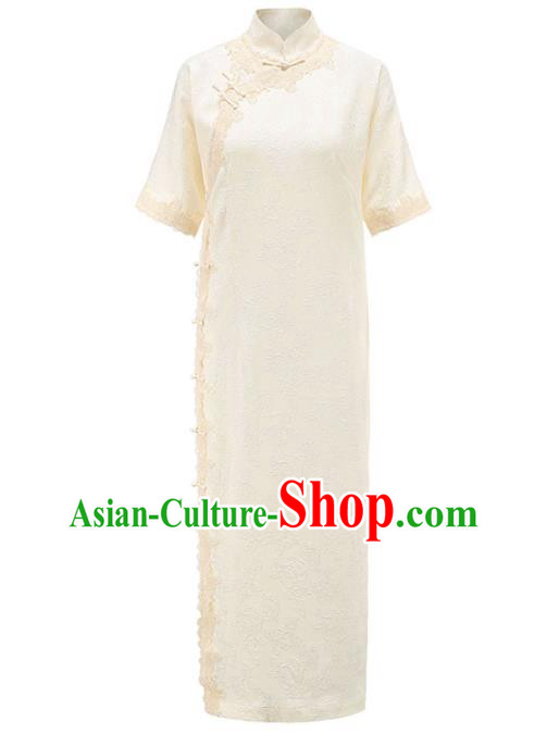 China National Stand Collar Qipao Dress Clothing Traditional Young Lady Beige Long Cheongsam