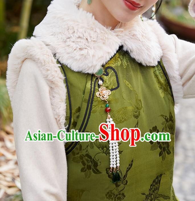 China National Green Silk Sleeveless Qipao Dress Clothing Traditional Winter Cotton Wadded Cheongsam