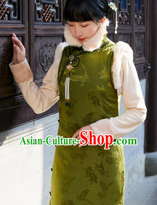 China National Green Silk Sleeveless Qipao Dress Clothing Traditional Winter Cotton Wadded Cheongsam