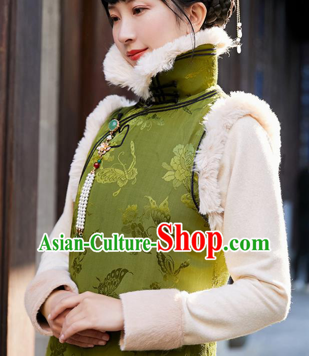 China National Green Silk Sleeveless Qipao Dress Clothing Traditional Winter Cotton Wadded Cheongsam