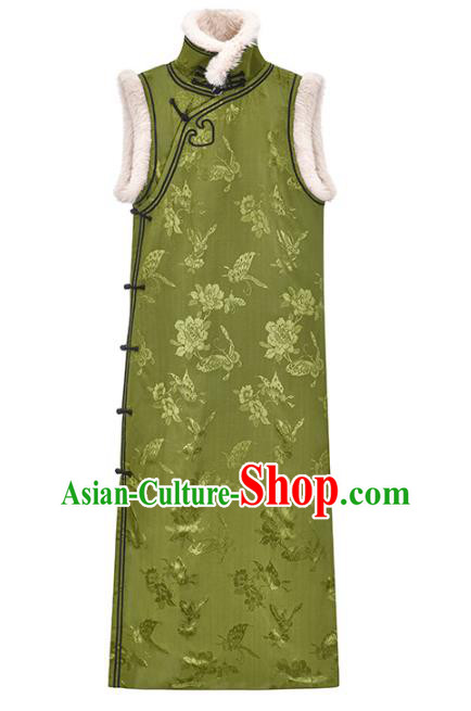 China National Green Silk Sleeveless Qipao Dress Clothing Traditional Winter Cotton Wadded Cheongsam