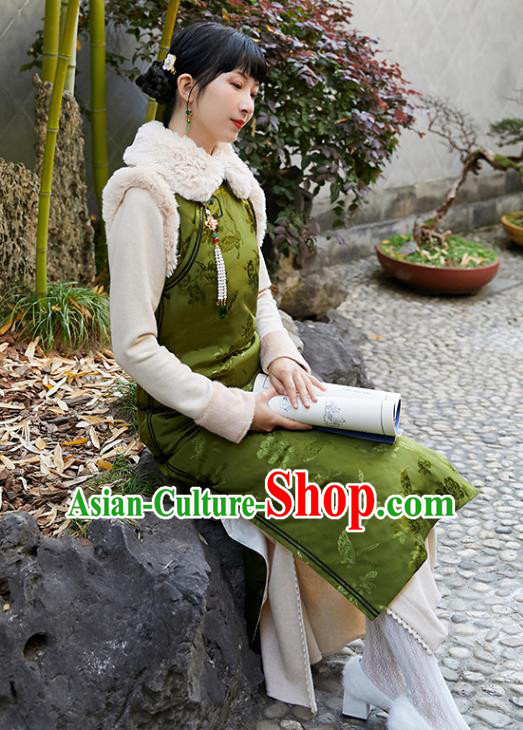 China National Green Silk Sleeveless Qipao Dress Clothing Traditional Winter Cotton Wadded Cheongsam
