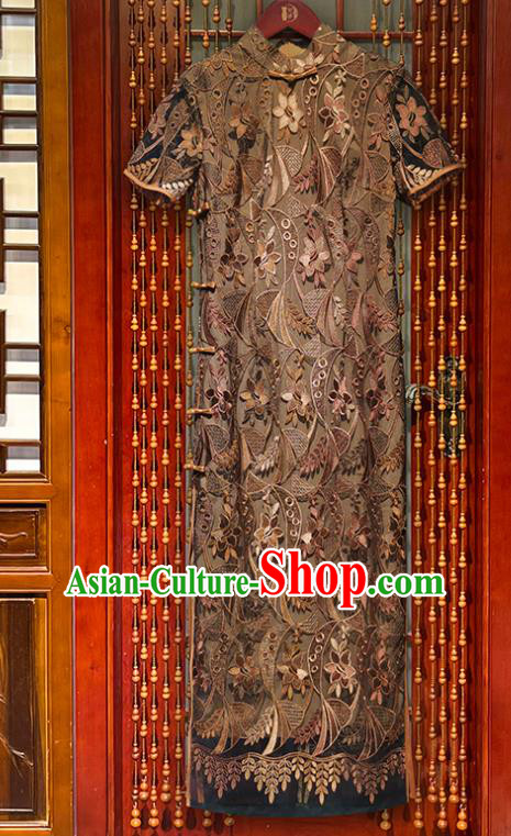 Chinese Classical Dance Qipao Dress Elderly Woman Brown Lace Cheongsam Costume