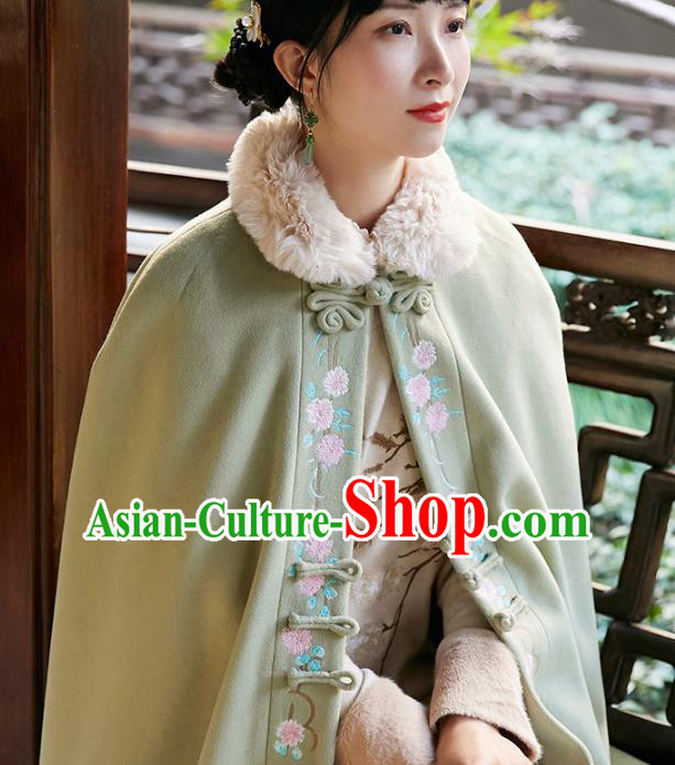 Chinese Traditional Embroidered Green Woolen Cape Costume National Women Tang Suit Long Cloak Overcoat