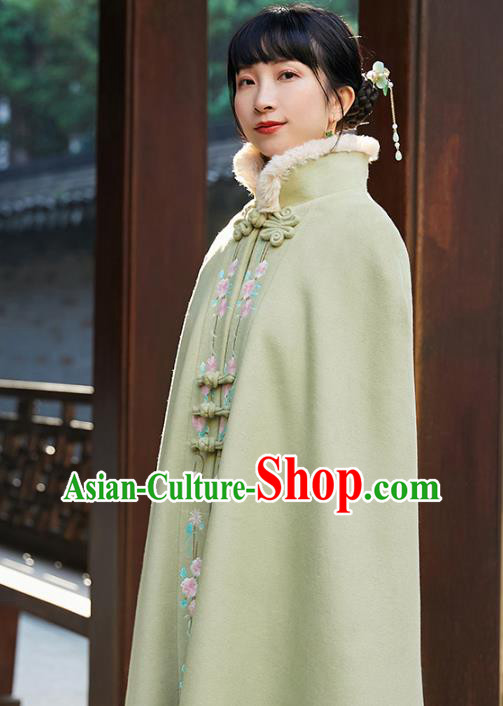 Chinese Traditional Embroidered Green Woolen Cape Costume National Women Tang Suit Long Cloak Overcoat