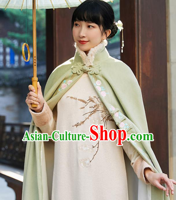Chinese Traditional Embroidered Green Woolen Cape Costume National Women Tang Suit Long Cloak Overcoat