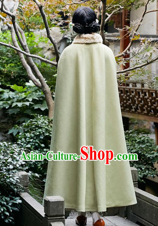 Chinese Traditional Embroidered Green Woolen Cape Costume National Women Tang Suit Long Cloak Overcoat