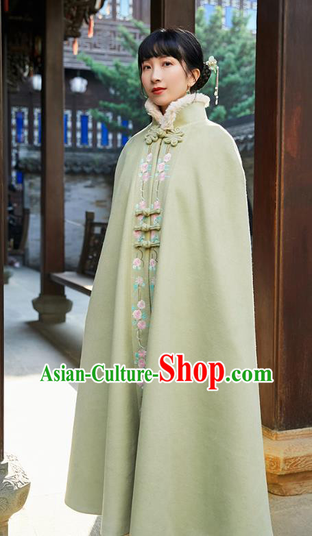 Chinese Traditional Embroidered Green Woolen Cape Costume National Women Tang Suit Long Cloak Overcoat