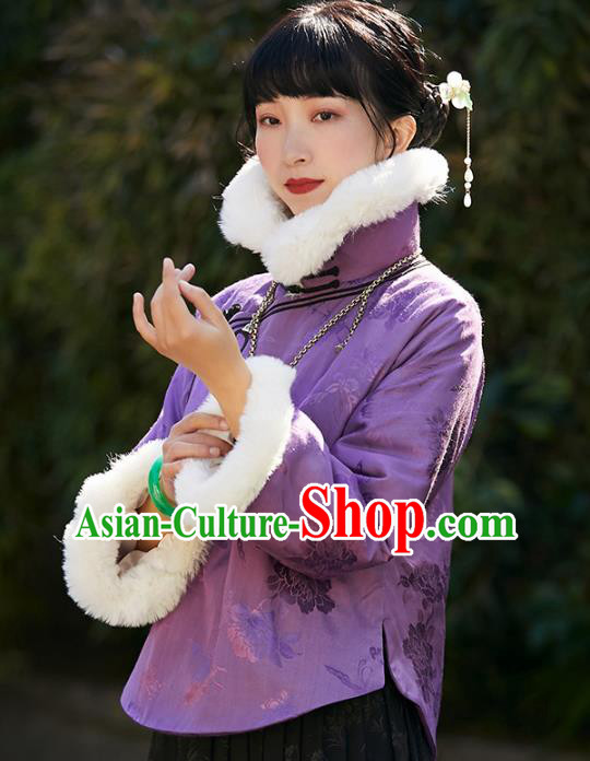 China Traditional Stand Collar Overcoat Outer Garment National Woman Purple Silk Cotton Wadded Jacket