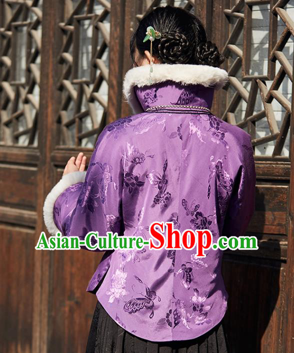 China Traditional Stand Collar Overcoat Outer Garment National Woman Purple Silk Cotton Wadded Jacket