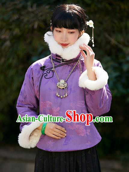 China Traditional Stand Collar Overcoat Outer Garment National Woman Purple Silk Cotton Wadded Jacket