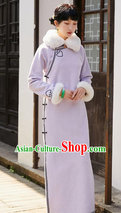 China National Lapel Qipao Dress Clothing Traditional Winter Purple Woolen Cheongsam