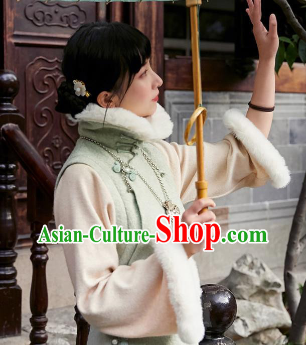 China Traditional Green Woolen Cheongsam National Winter Lapel Long Qipao Dress Clothing