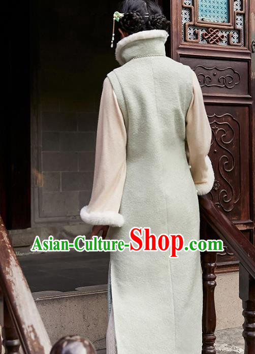 China Traditional Green Woolen Cheongsam National Winter Lapel Long Qipao Dress Clothing