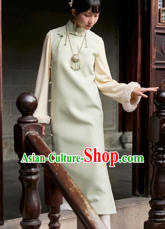 China Traditional Green Woolen Cheongsam National Winter Lapel Long Qipao Dress Clothing