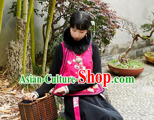 Chinese Traditional Embroidered Lambswool Vest Costume National Women Tang Suit Rosy Silk Waistcoat