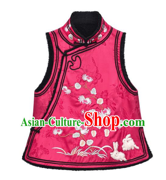 Chinese Traditional Embroidered Lambswool Vest Costume National Women Tang Suit Rosy Silk Waistcoat