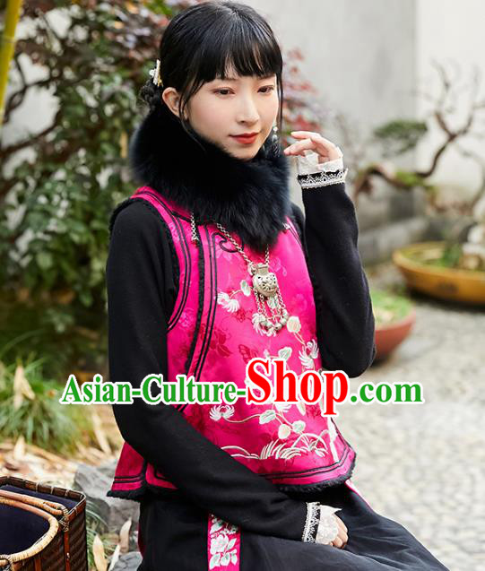 Chinese Traditional Embroidered Lambswool Vest Costume National Women Tang Suit Rosy Silk Waistcoat