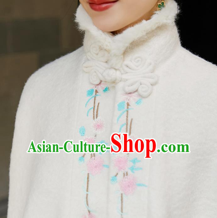Chinese Traditional Embroidered White Woolen Cloak Costume National Women Stand Collar Long Cape
