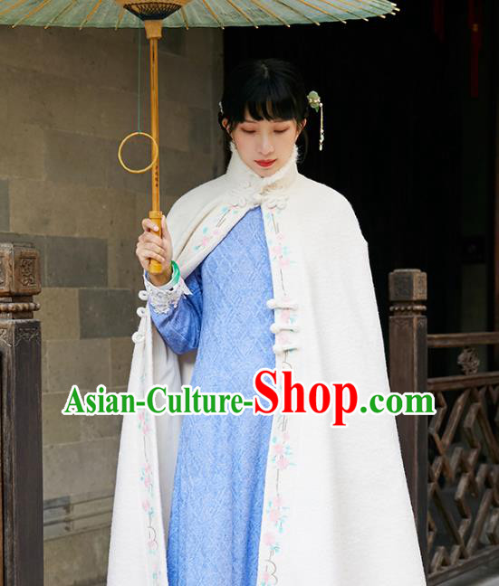 Chinese Traditional Embroidered White Woolen Cloak Costume National Women Stand Collar Long Cape