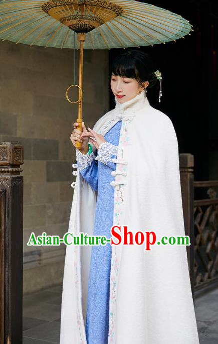 Chinese Traditional Embroidered White Woolen Cloak Costume National Women Stand Collar Long Cape