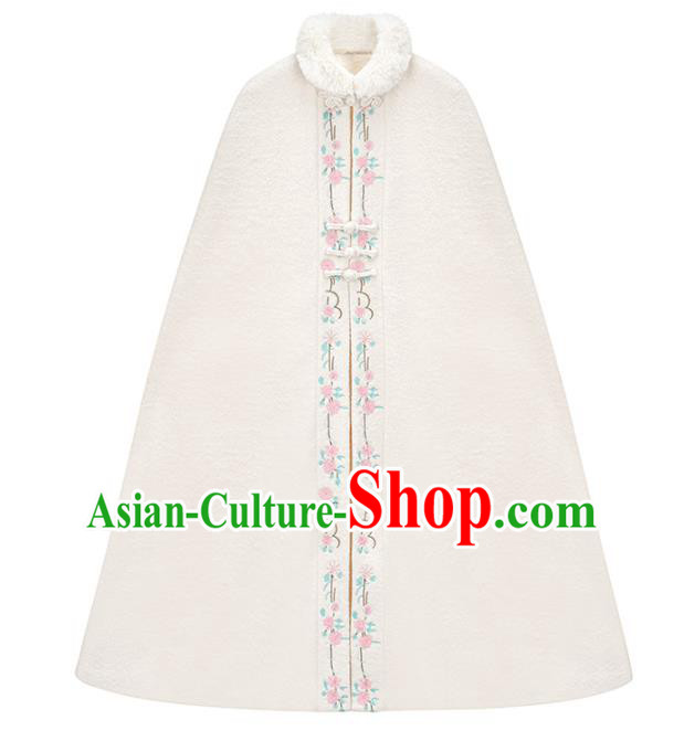 Chinese Traditional Embroidered White Woolen Cloak Costume National Women Stand Collar Long Cape