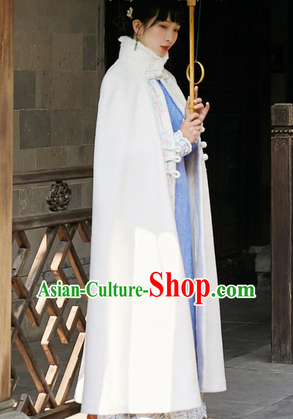 Chinese Traditional Embroidered White Woolen Cloak Costume National Women Stand Collar Long Cape