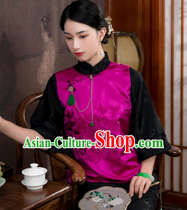 Chinese Traditional Embroidered Rosy Silk Vest Costume National Women Tang Suit Waistcoat