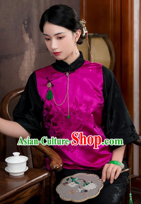 Chinese Traditional Embroidered Rosy Silk Vest Costume National Women Tang Suit Waistcoat