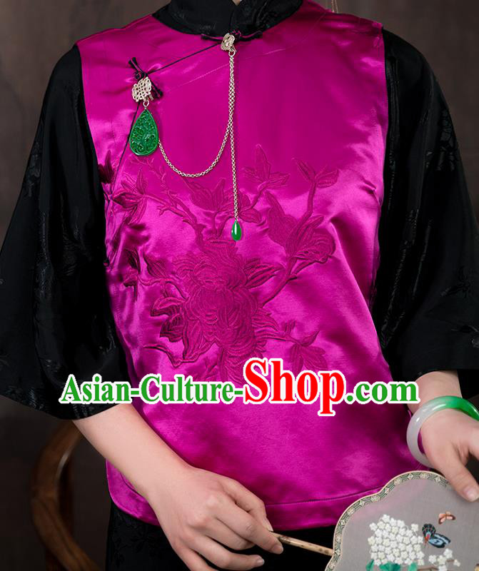 Chinese Traditional Embroidered Rosy Silk Vest Costume National Women Tang Suit Waistcoat