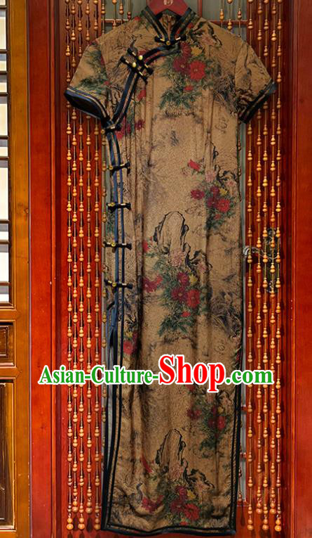 Chinese Classical Printing Chrysanthemum Qipao Dress National Young Lady Khaki Silk Cheongsam Costume