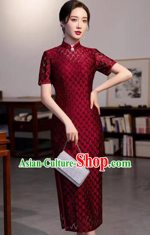 Chinese Modern Wine Red Cheongsam Traditional Wedding Bride Qipao Dress Clothing