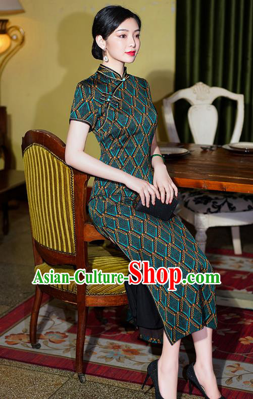 Chinese Traditional Blue Qipao Dress National Modern Cheongsam Party Compere Clothing