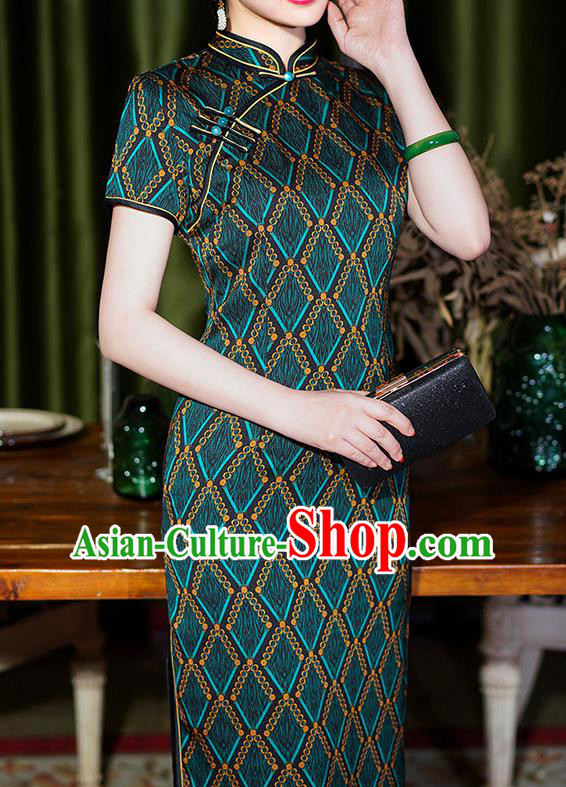 Chinese Traditional Blue Qipao Dress National Modern Cheongsam Party Compere Clothing