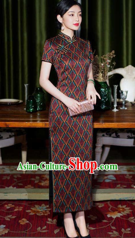 Chinese National Modern Cheongsam Party Compere Clothing Traditional Wine Red Qipao Dress