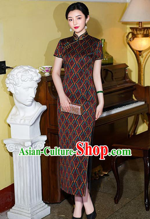 Chinese National Modern Cheongsam Party Compere Clothing Traditional Wine Red Qipao Dress
