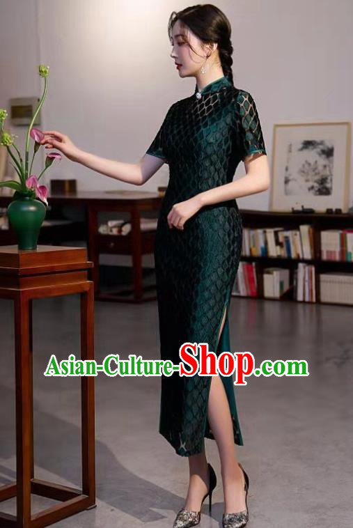 Chinese Traditional Compere Qipao Dress Clothing Modern Deep Green Cheongsam