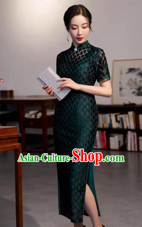 Chinese Traditional Compere Qipao Dress Clothing Modern Deep Green Cheongsam