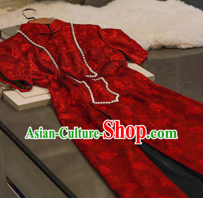 Chinese Traditional Wedding Qipao Dress Clothing Bride Red Velvet Cheongsam