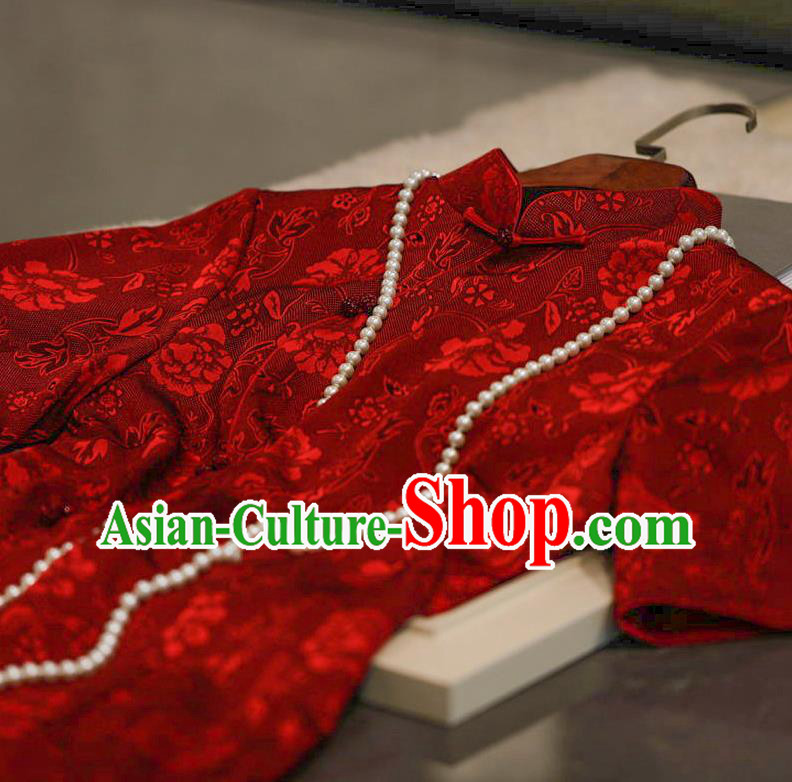 Chinese Traditional Wedding Qipao Dress Clothing Bride Red Velvet Cheongsam