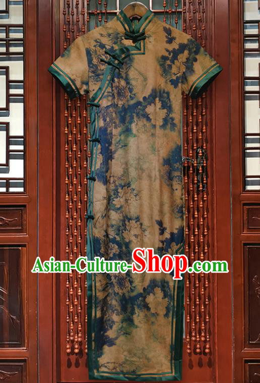 Chinese Traditional Silk Long Qipao Dress Clothing Classical Peony Pattern Khaki Brocade Cheongsam