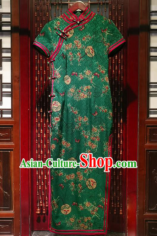 Chinese Modern Catwalks Clothing Traditional Printing Peach Blossom Fan Silk Cheongsam Classical Stand Collar Qipao Dress