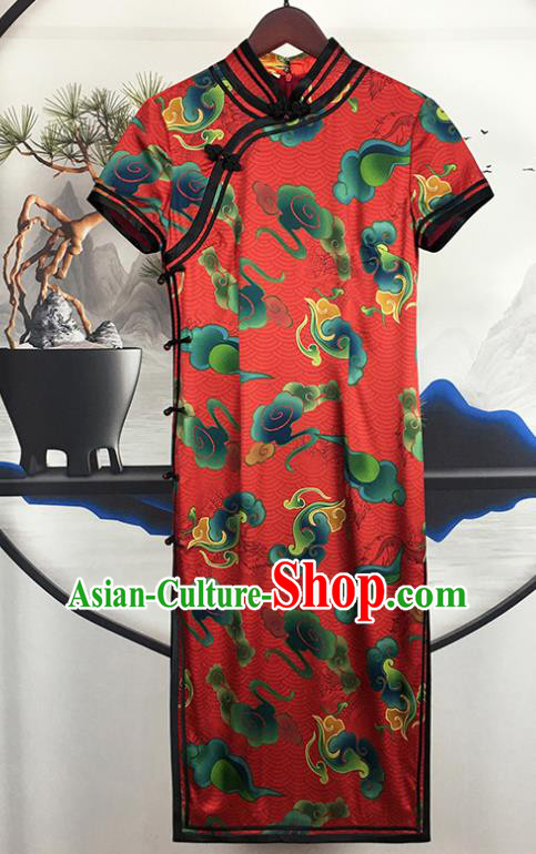 Chinese Traditional Printing Clouds Red Silk Cheongsam Stand Collar Short Qipao Dress Classical Wedding Clothing