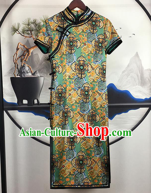 China National Young Woman Green Silk Qipao Dress Traditional Printing Cheongsam Classical Party Compere Clothing