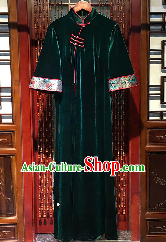 China National Green Velvet Qipao Dress Traditional Embroidered Wide Sleeve Cheongsam