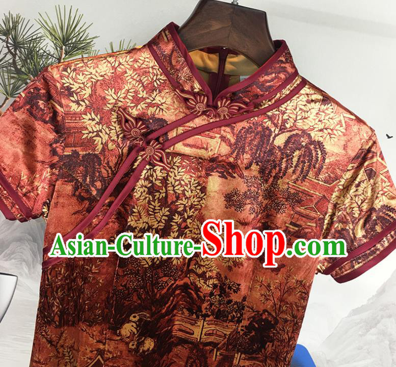 China Shanghai Young Lady Clothing Traditional Retro Cheongsam National Printing Silk Qipao Dress