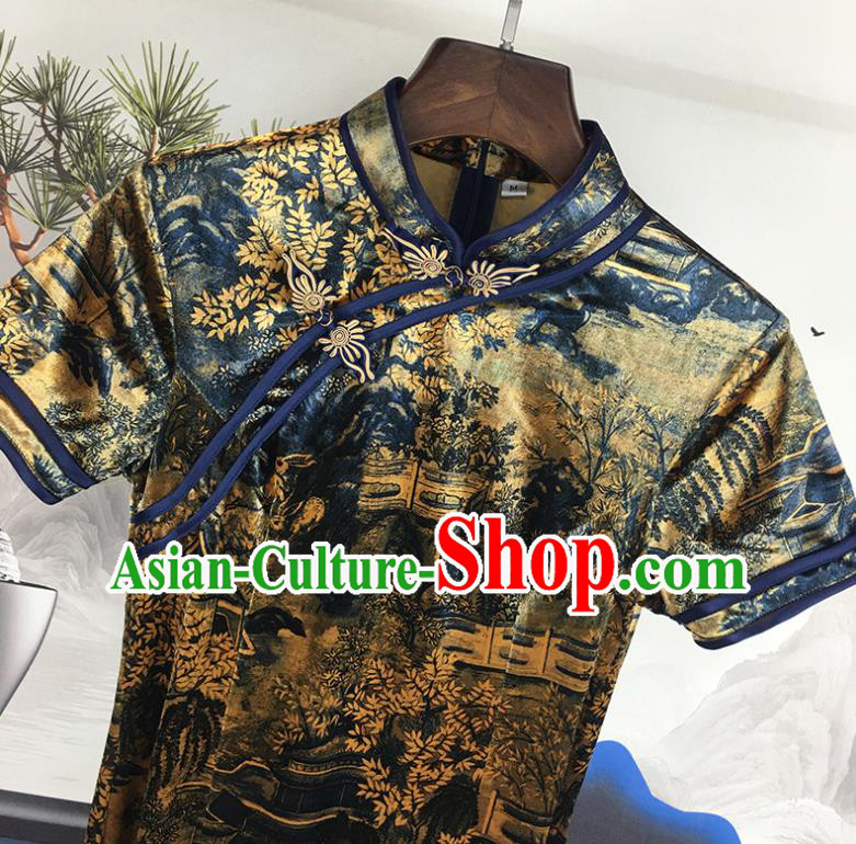 China Traditional Retro Cheongsam National Printing Navy Silk Qipao Dress Shanghai Young Lady Clothing