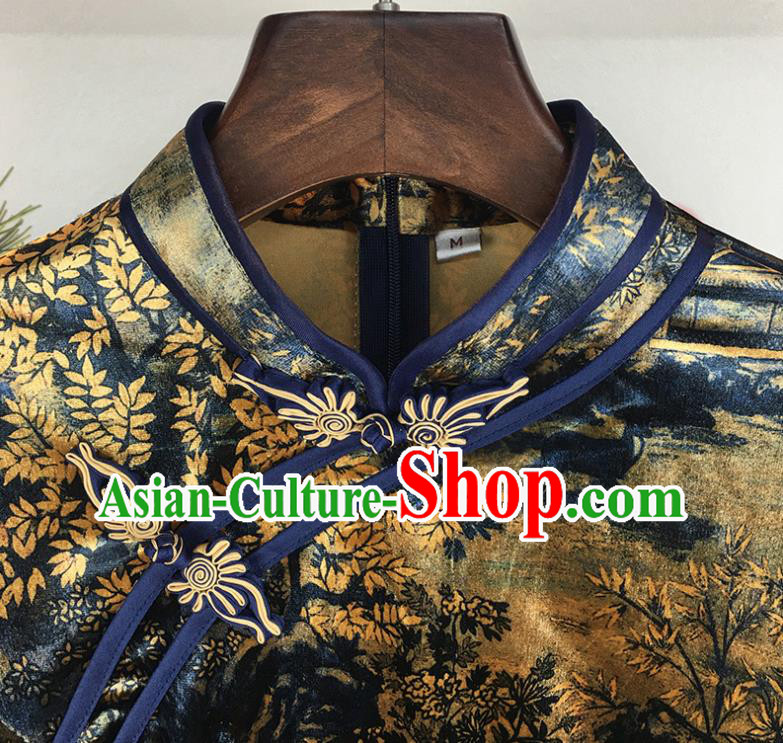 China Traditional Retro Cheongsam National Printing Navy Silk Qipao Dress Shanghai Young Lady Clothing