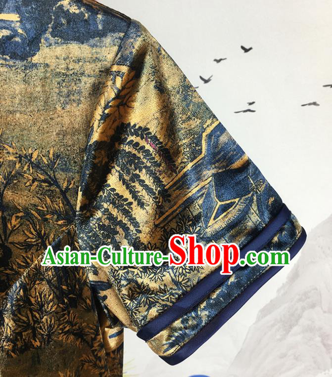 China Traditional Retro Cheongsam National Printing Navy Silk Qipao Dress Shanghai Young Lady Clothing